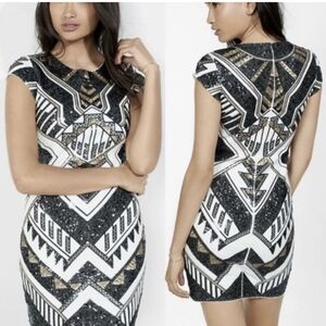 Express Black, White, and Gold Geometric Mini Dress